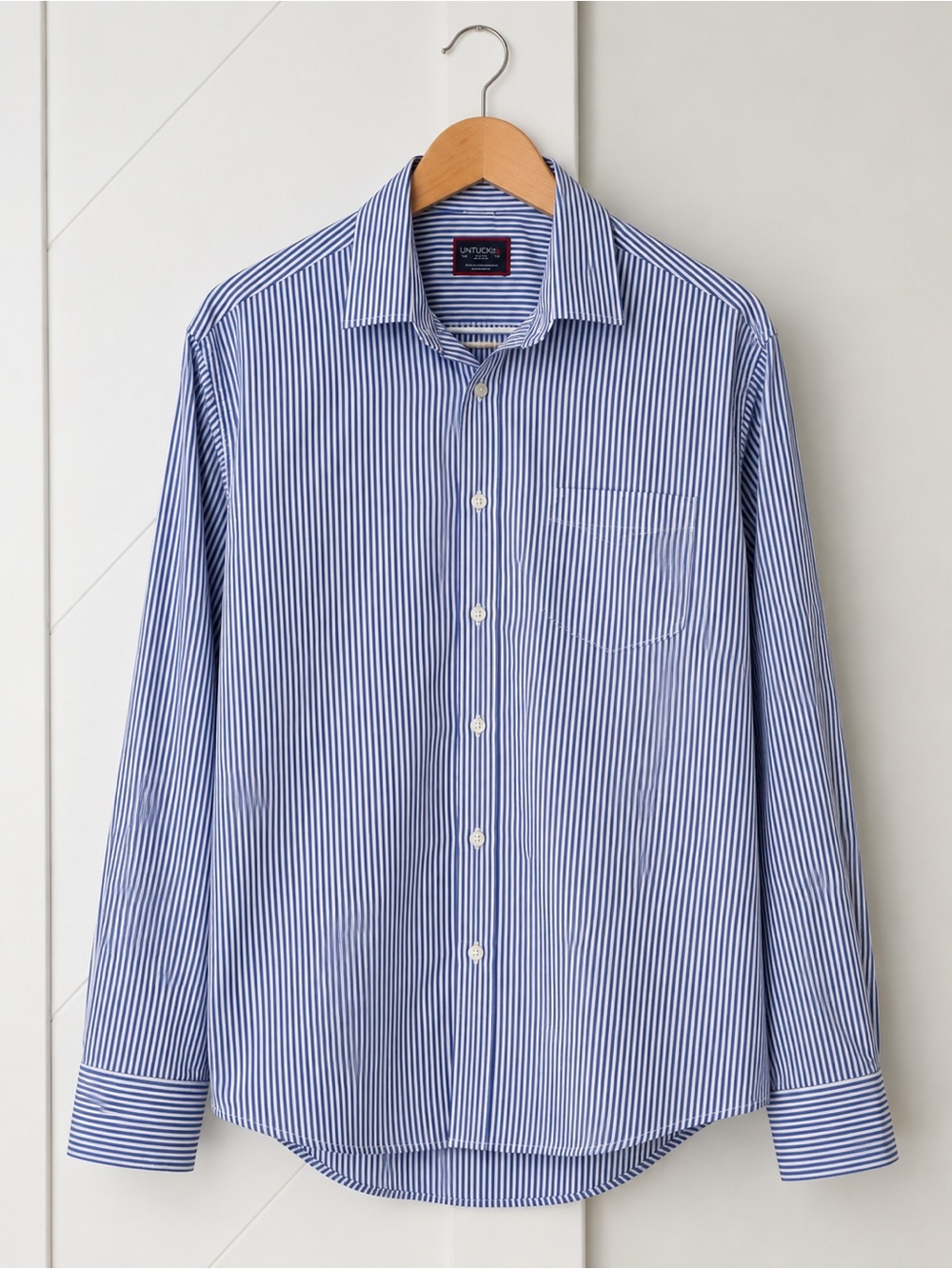 UNTUCKit L Blue White Stripe Performance Button Front Shirt